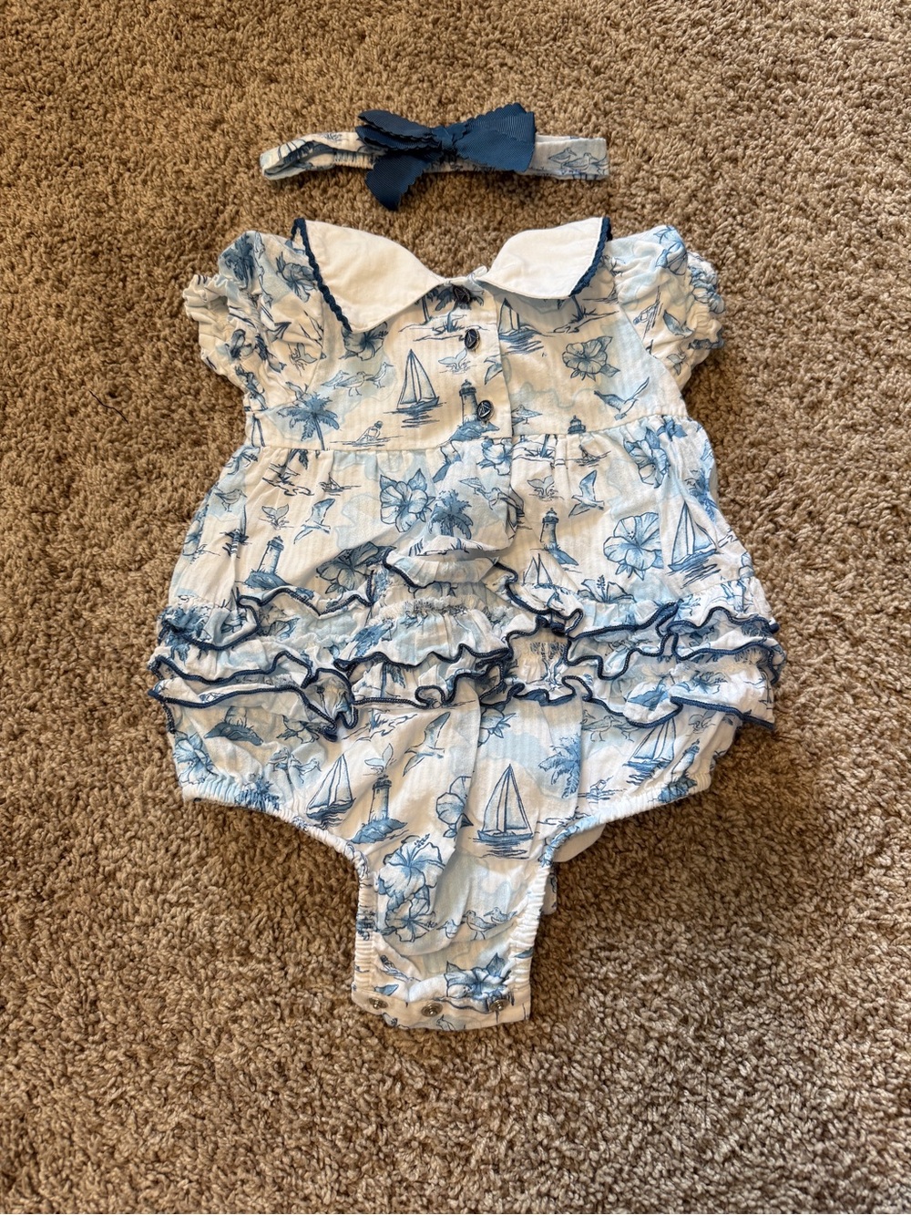 Tommy Bahama White and Blue Nautical Print Baby Romper with Peter Pan Collar